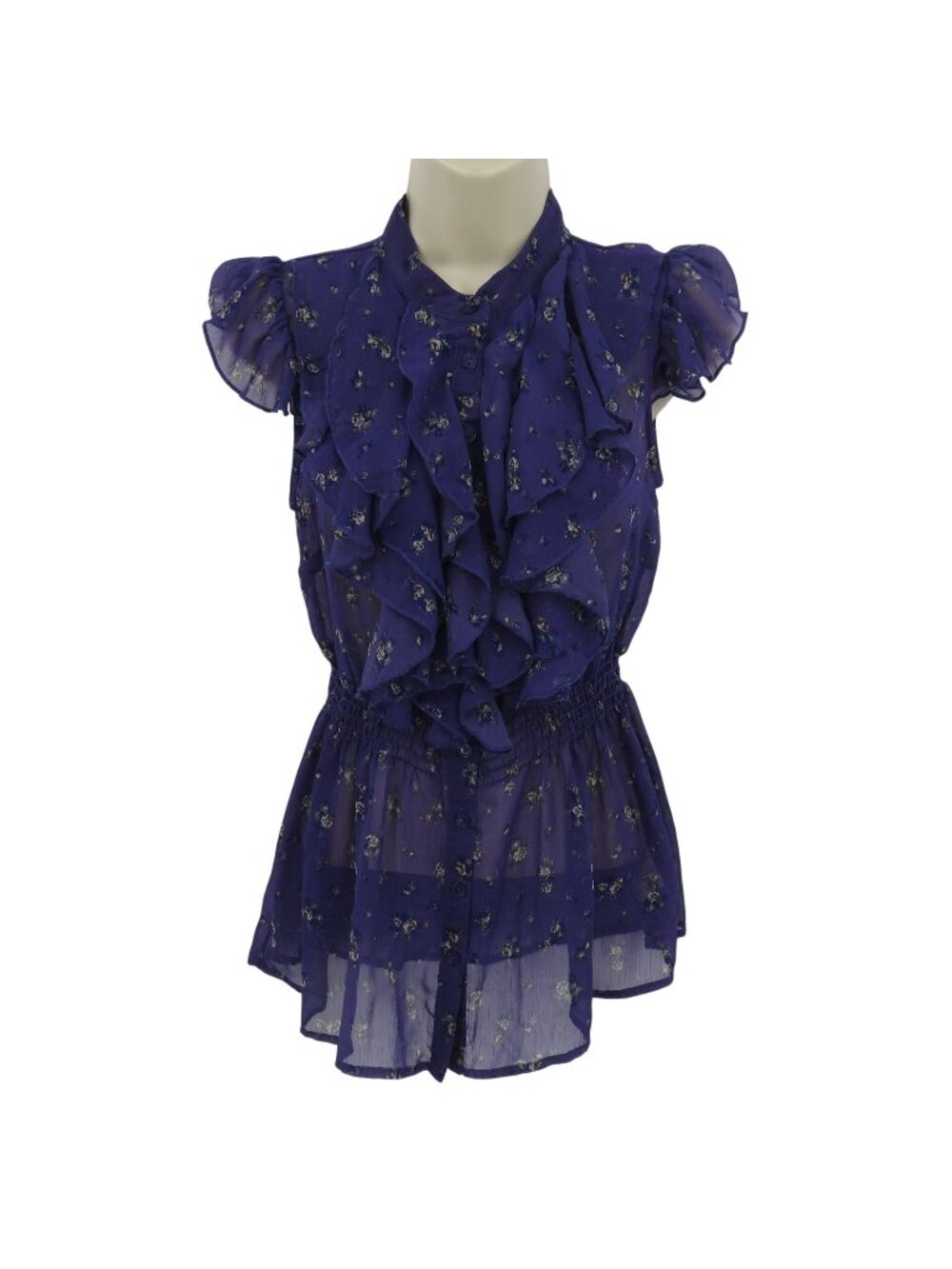 Kirra Juniors Small Purple Rose Flower Floral Sheer Ruffle Blouse Shirt Top Y2K